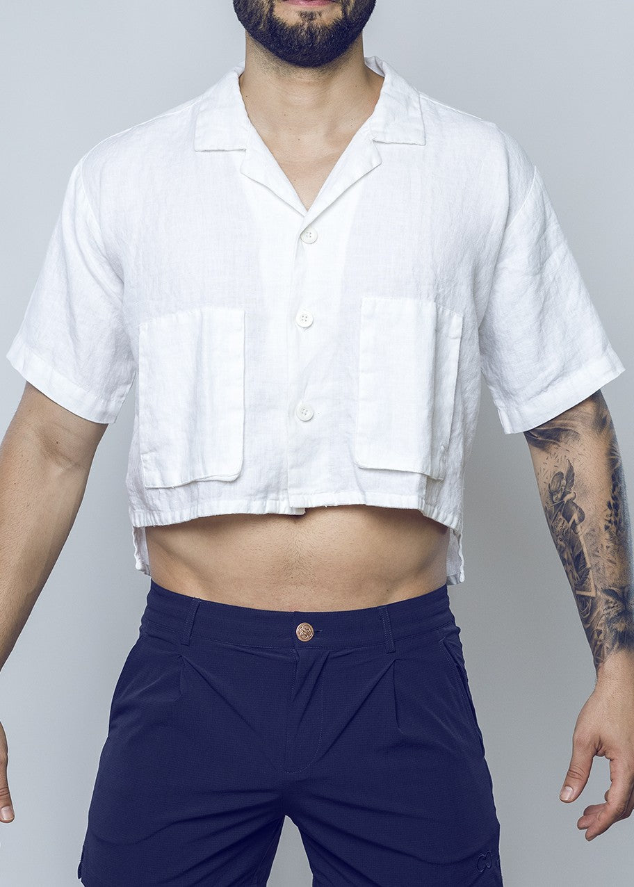Cropped Linen Shirt - White-thumbmail-4