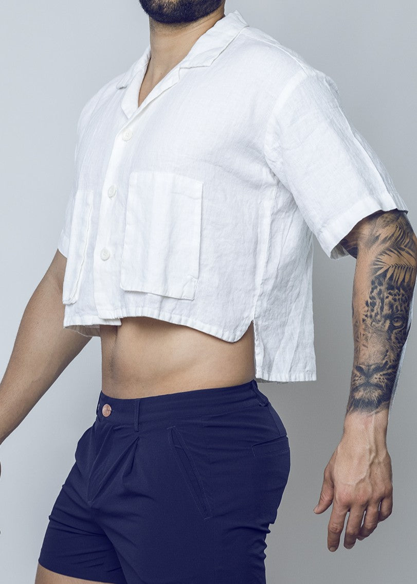 Cropped Linen Shirt - White-thumbmail-5