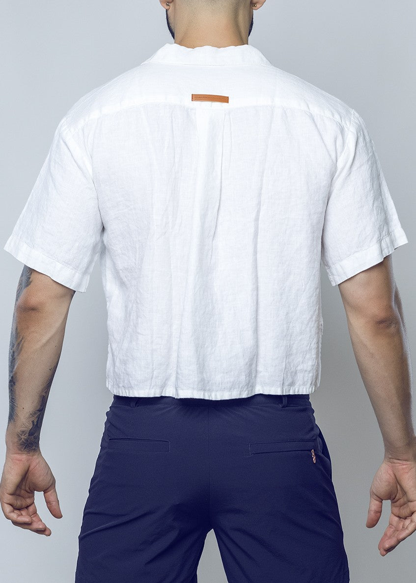 Cropped Linen Shirt - White-thumbmail-6