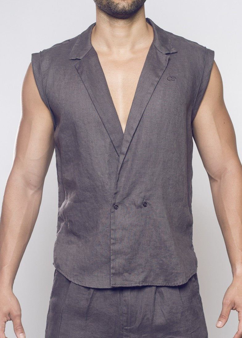 Breezy Linen Single Button Wrap Vest - Dark Gray-thumbmail-4