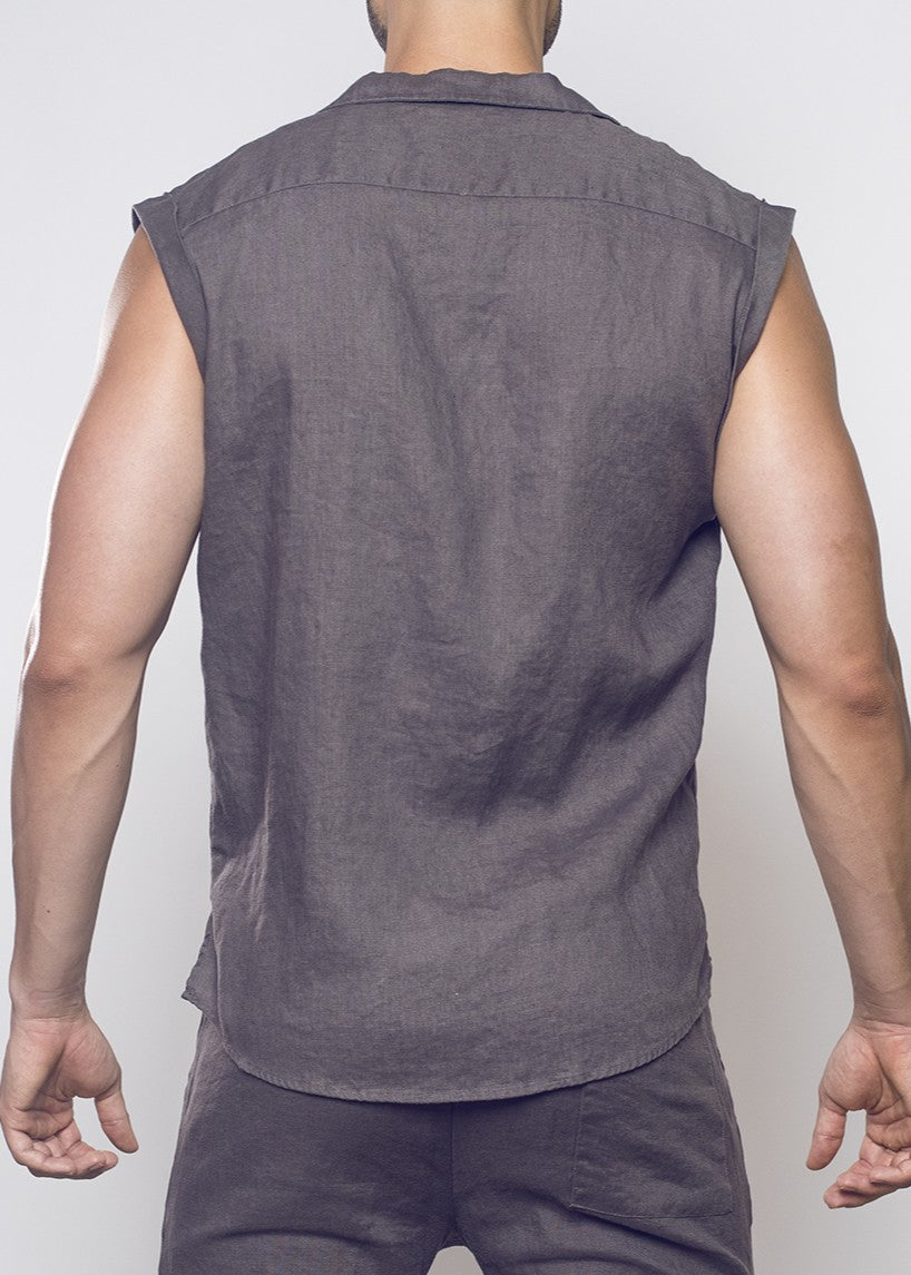 Breezy Linen Single Button Wrap Vest - Dark Gray-thumbmail-6