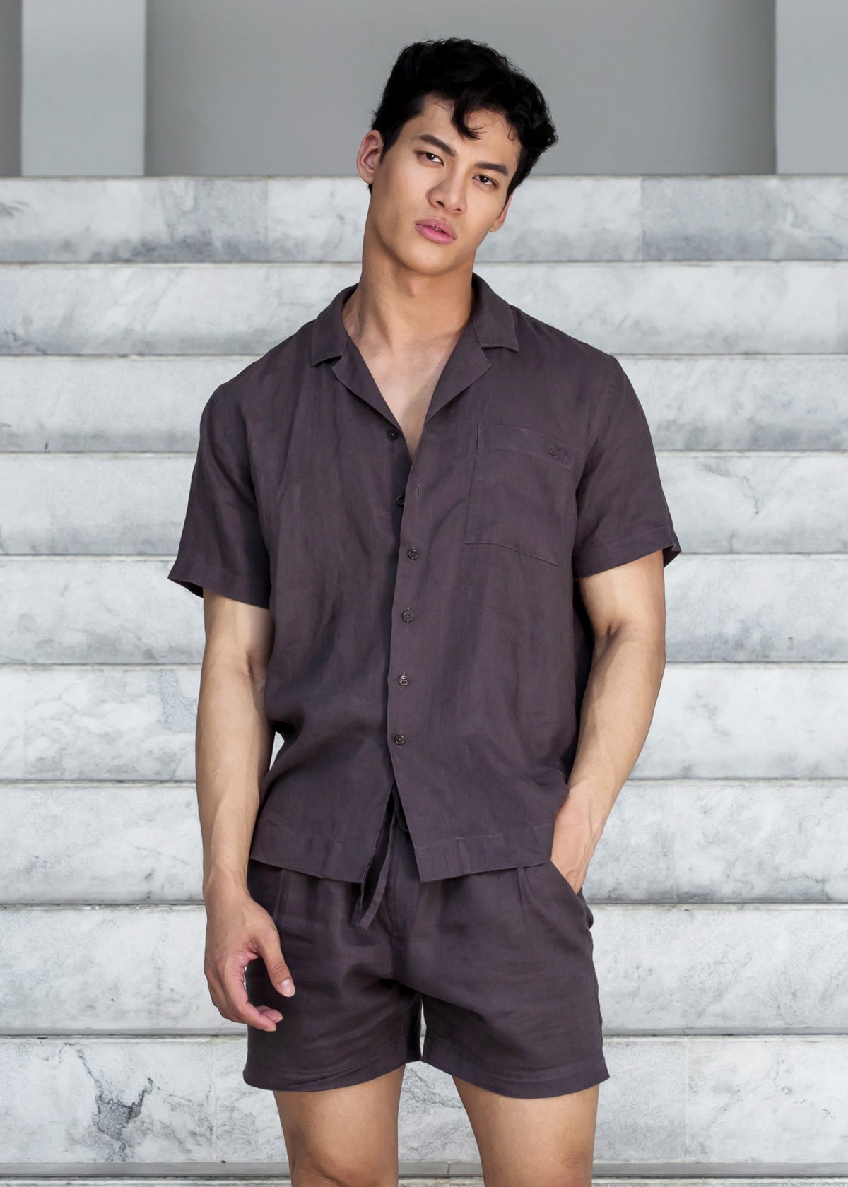 Chemise classique à manches courtes en lin Breezy - Gris foncé-thumbmail-3