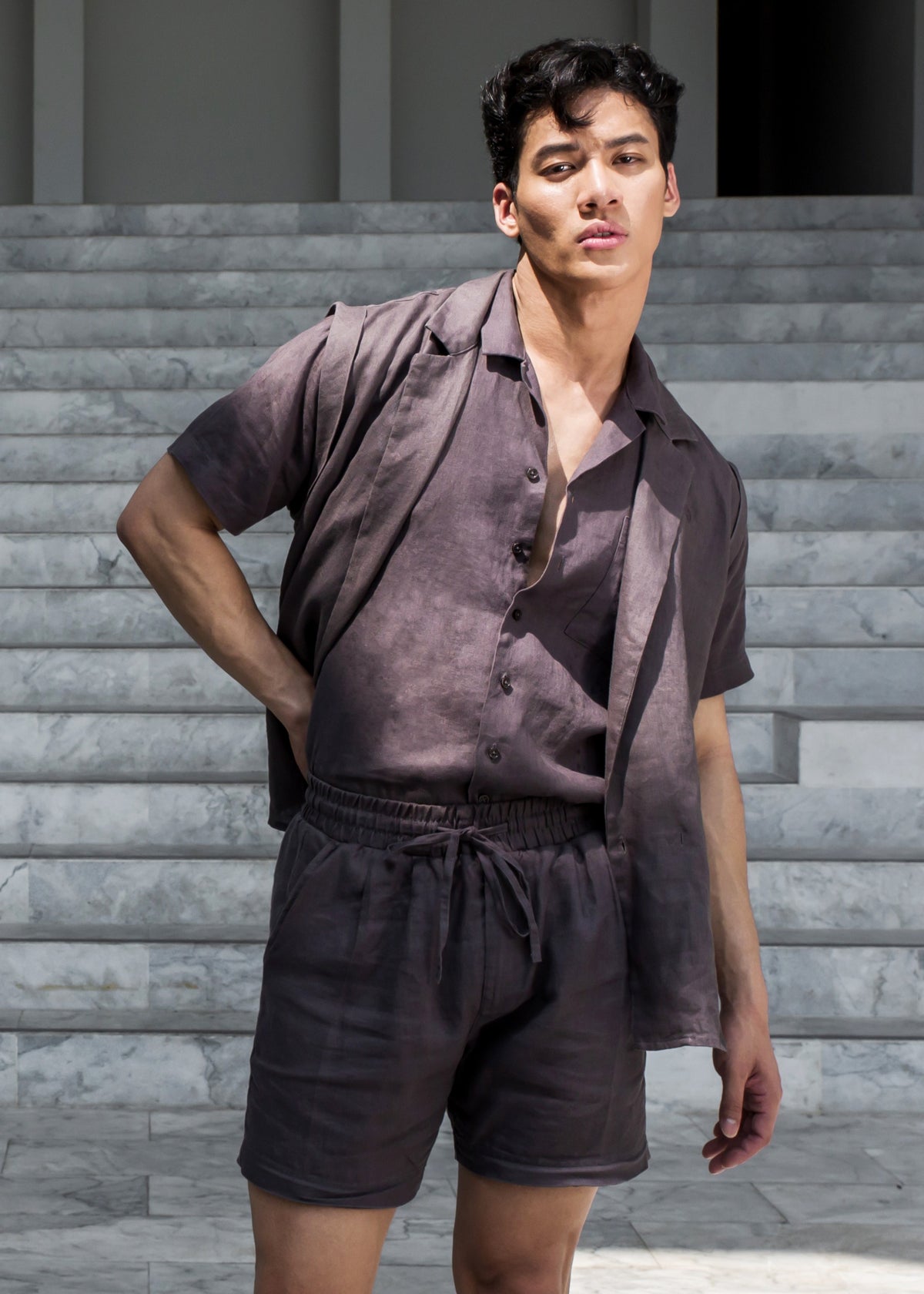 Chemise classique à manches courtes en lin Breezy - Gris foncé-thumbmail-7